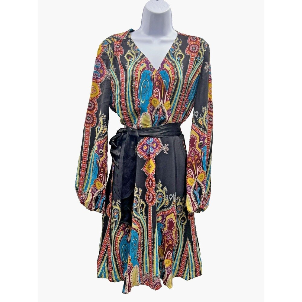 VTG 100% Silk Colorful Paisley Tie Waist V Neck Boho Chic Single Dress Women's S